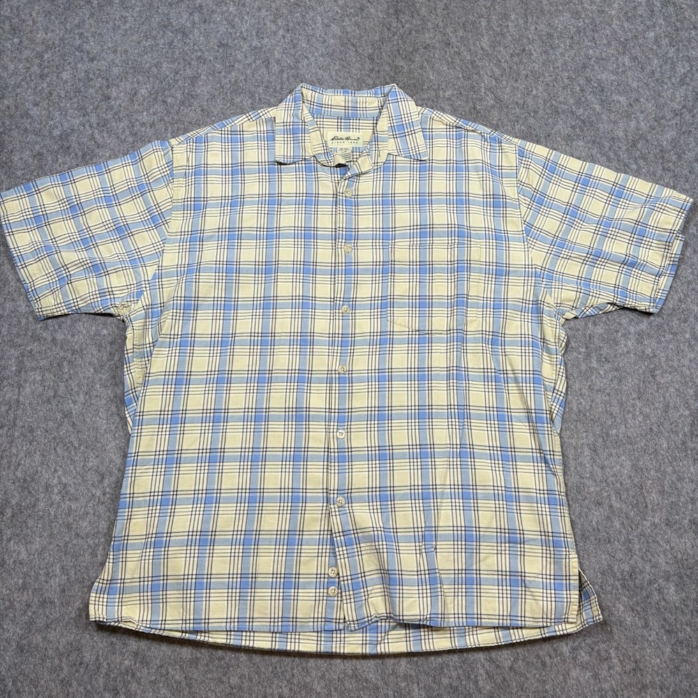 Eddie Bauer Button Down Shirt Men's Size Large Blue Yellow Plaid Short Sleeve